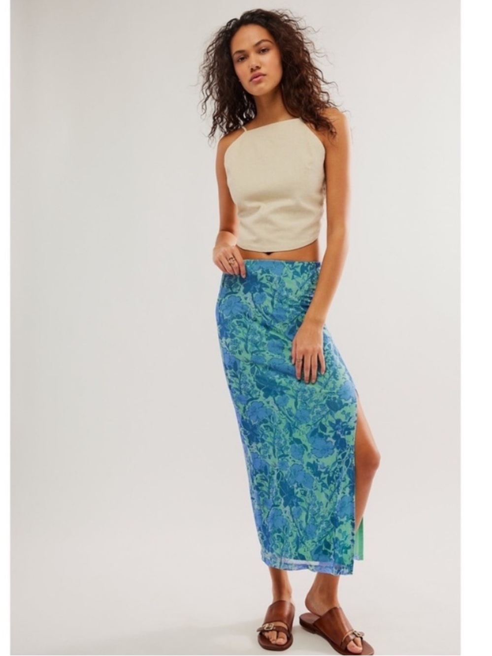 Free People Mint & Periwinkle Floral Slip Skirt